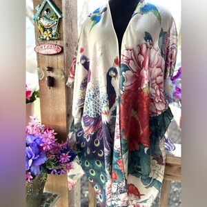 JC Sunny Bold Peacock Print Ivory Multi-Color Open Front Loose Kimono Cardigan